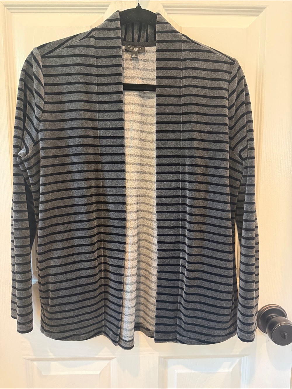 Talbots Women’s Luxe Velour Gray and Black Striped Open Cardigan Sweater